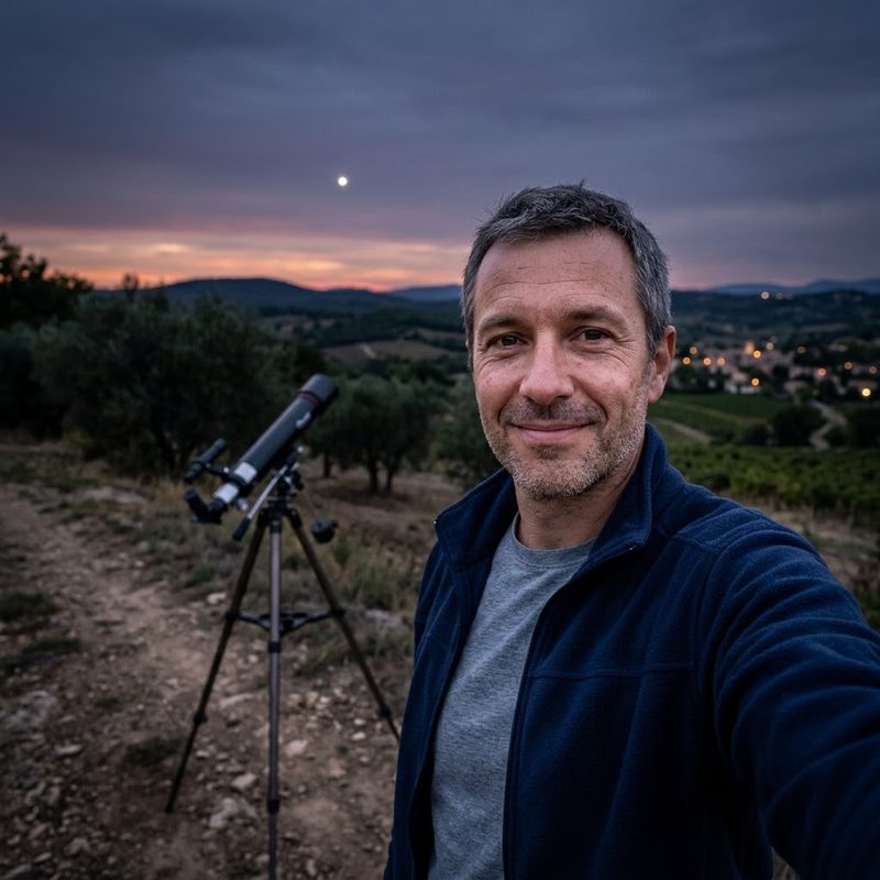 Laurent N., fondateur et rédacteur d’OVNI France, avec sa lunette au crépuscule