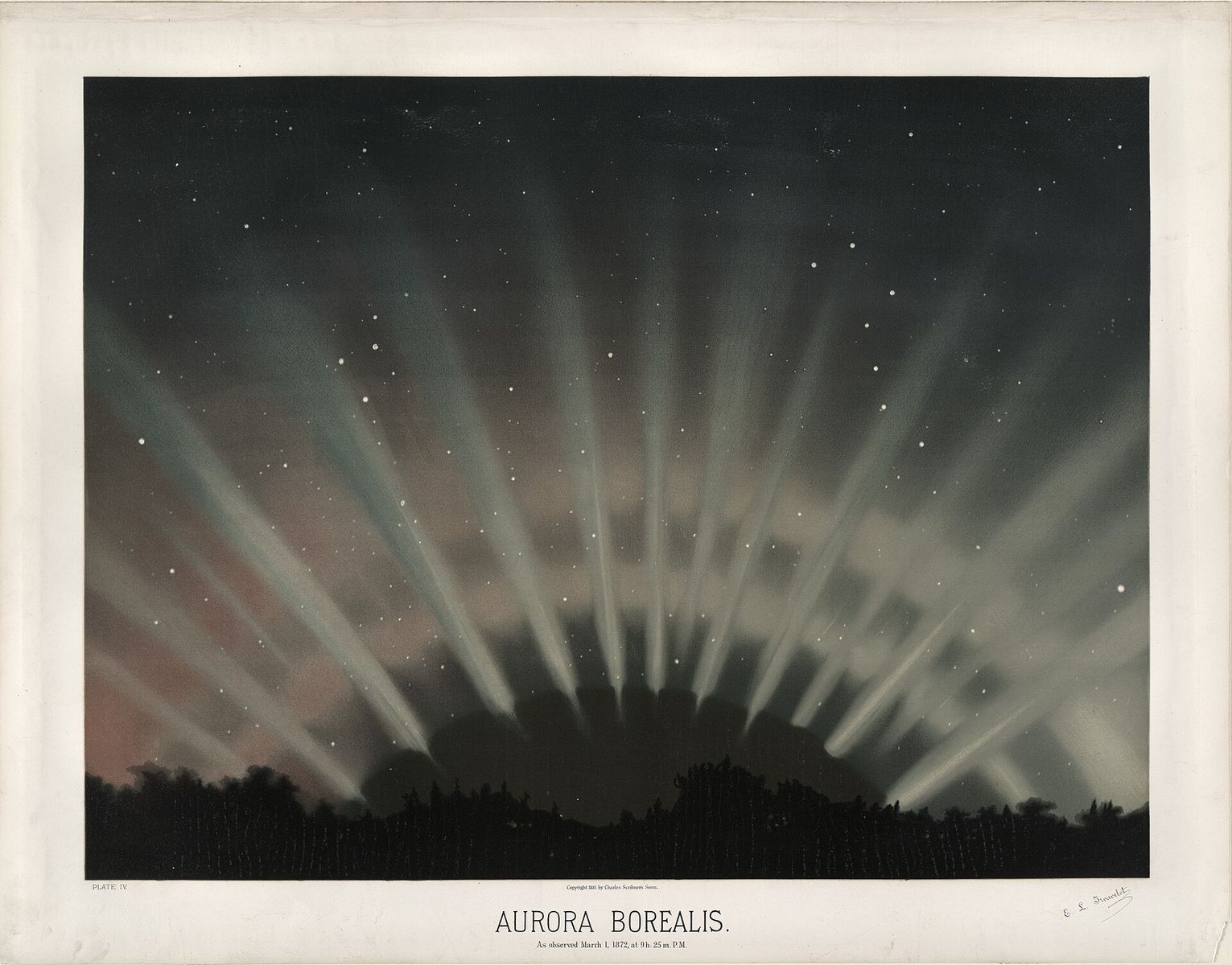 Dessin astronomique d’une aurore boréale par Étienne Léopold Trouvelot, observée le 1er mars 1872