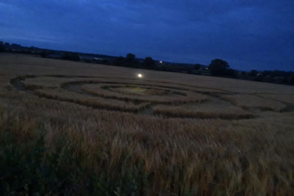 Orbe lumineux au-dessus d’un crop circle dans un champ de blé au crépuscule