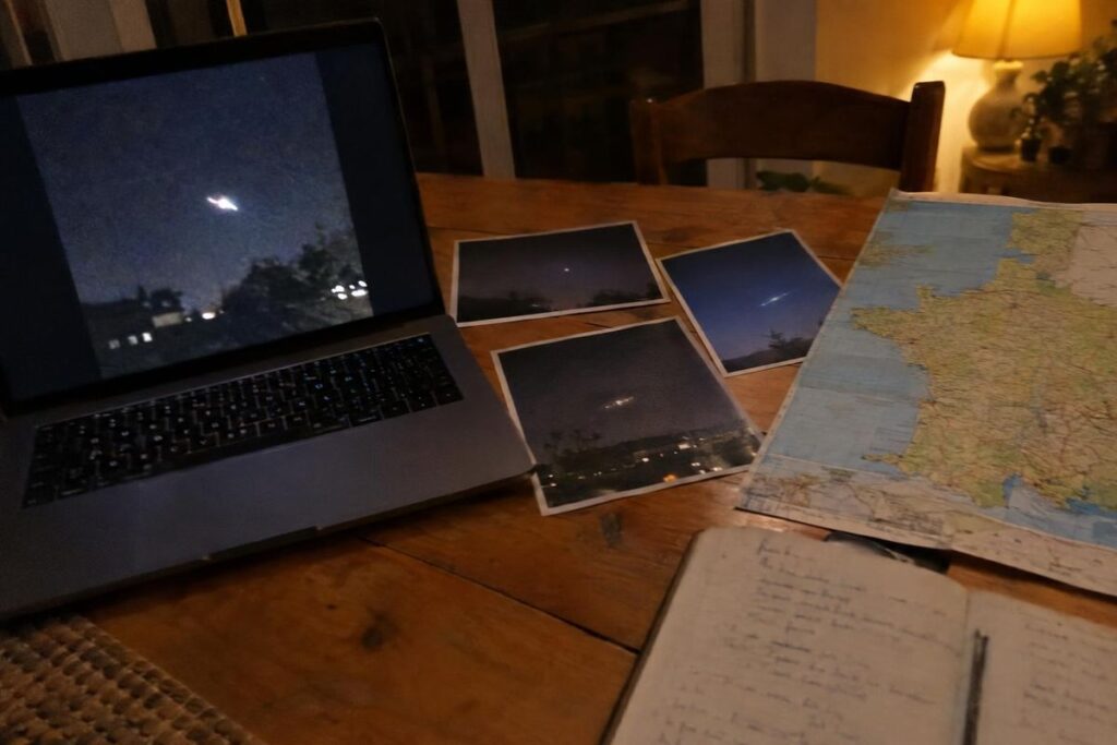 Photos de lumières inexpliquées dans le ciel, ordinateur et carte de France sur une table
