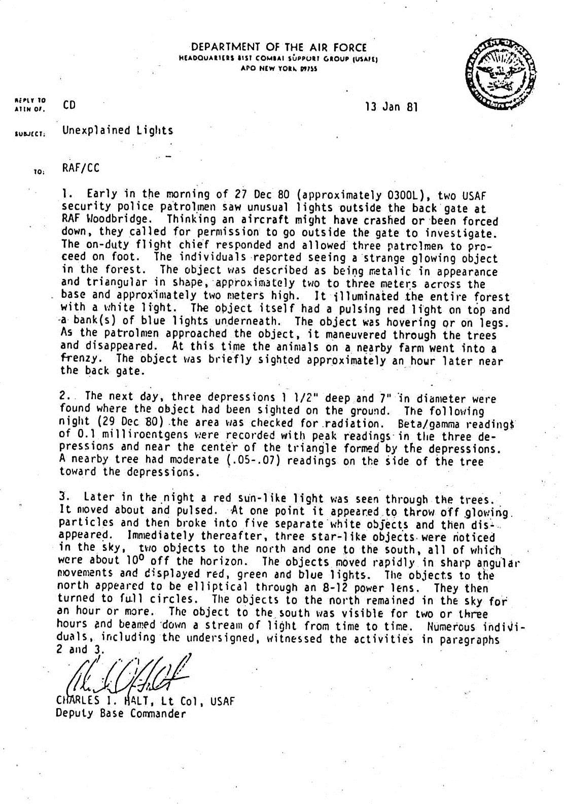 Mémo « Unexplained Lights » du lieutenant-colonel Charles Halt, 13 janvier 1981, incident de Rendlesham