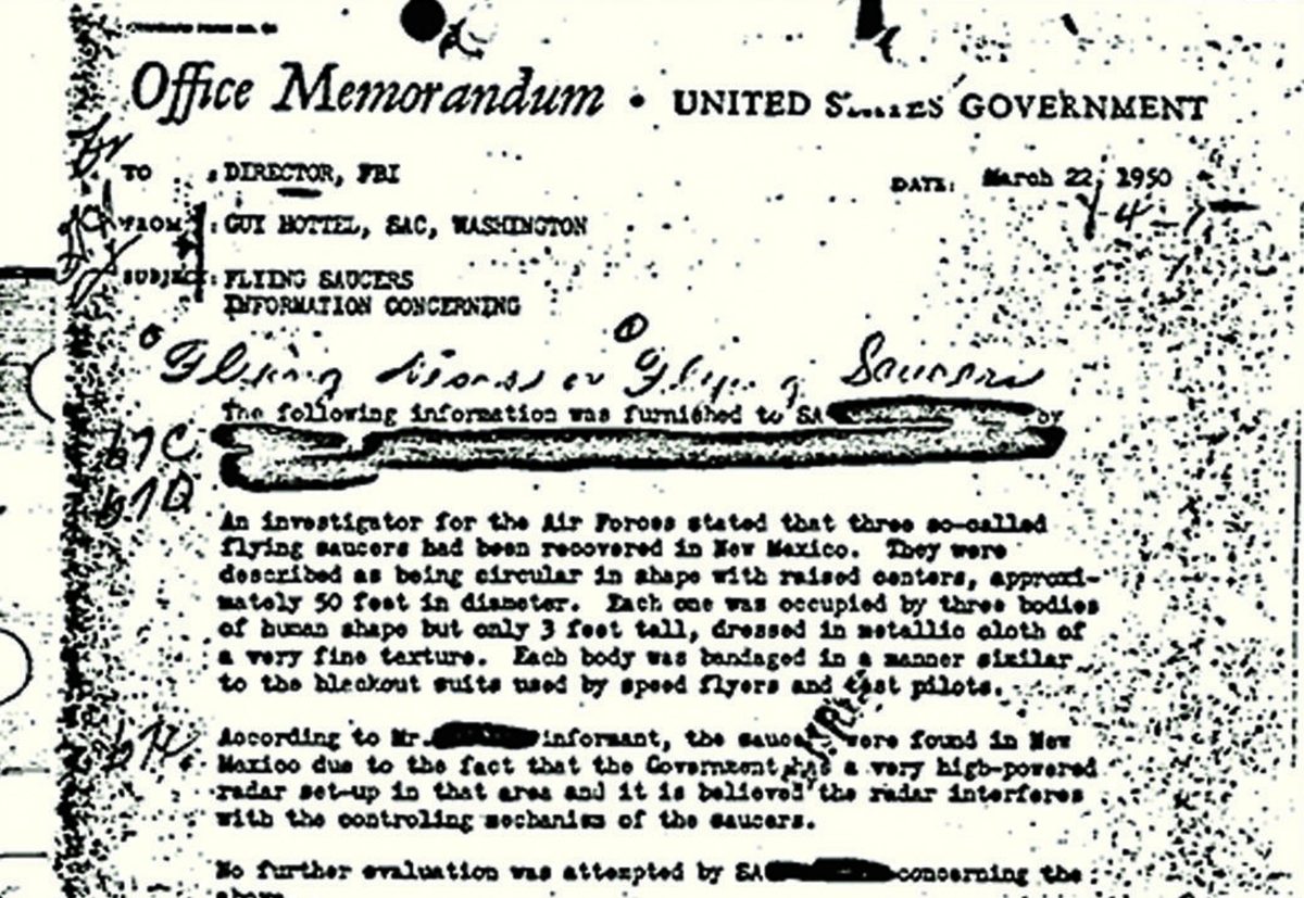 Mémo du FBI signé Guy Hottel le 22 mars 1950 sur des soucoupes volantes