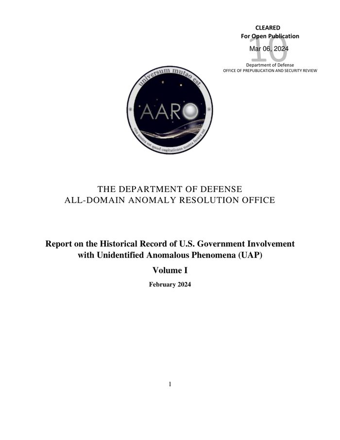 Couverture du rapport historique de l’AARO sur les UAP, volume 1, 2024