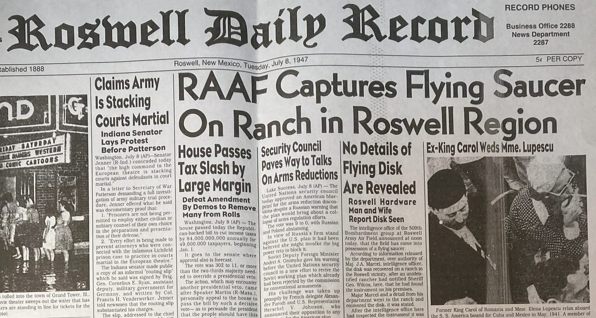 Une du Roswell Daily Record du 8 juillet 1947 annonçant la capture d’une soucoupe volante